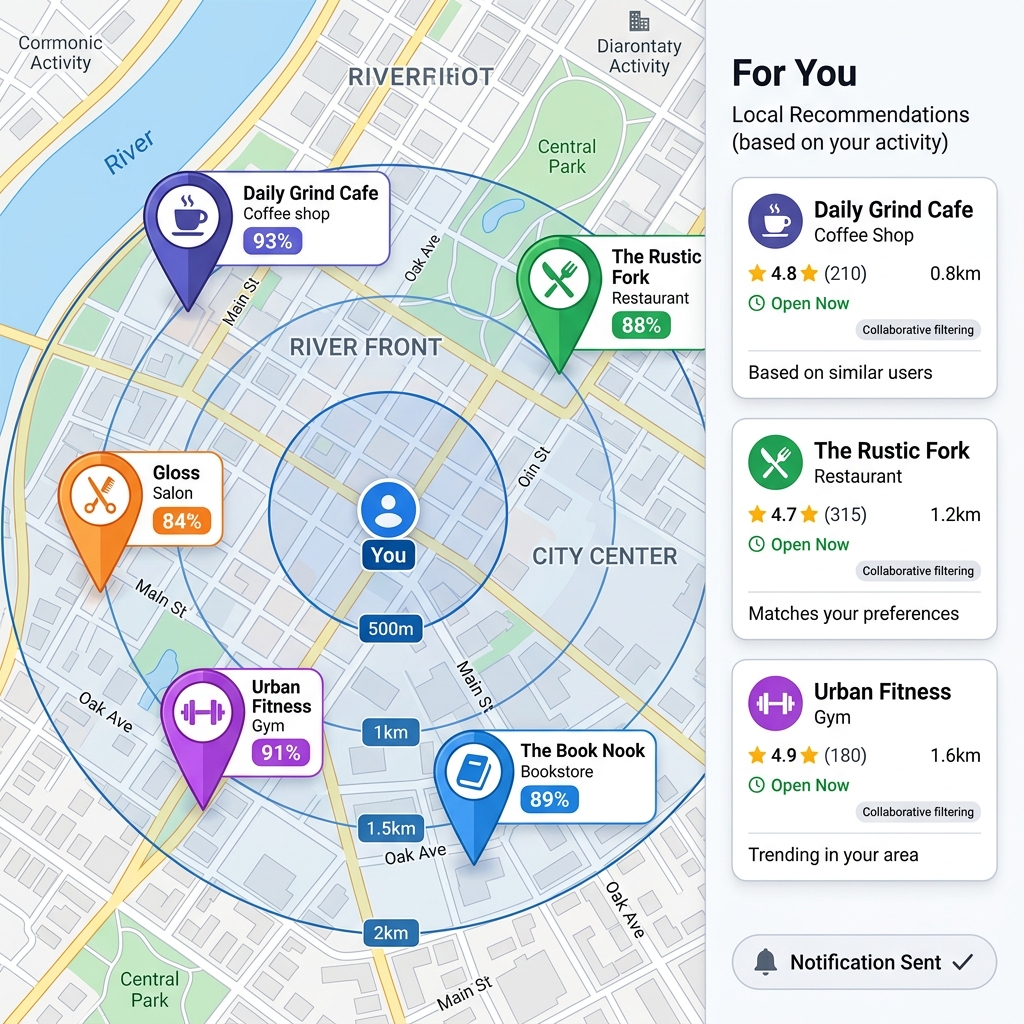 Commerce discovery showing city map with scored location pins and collaborative filtering recommendations sidebar