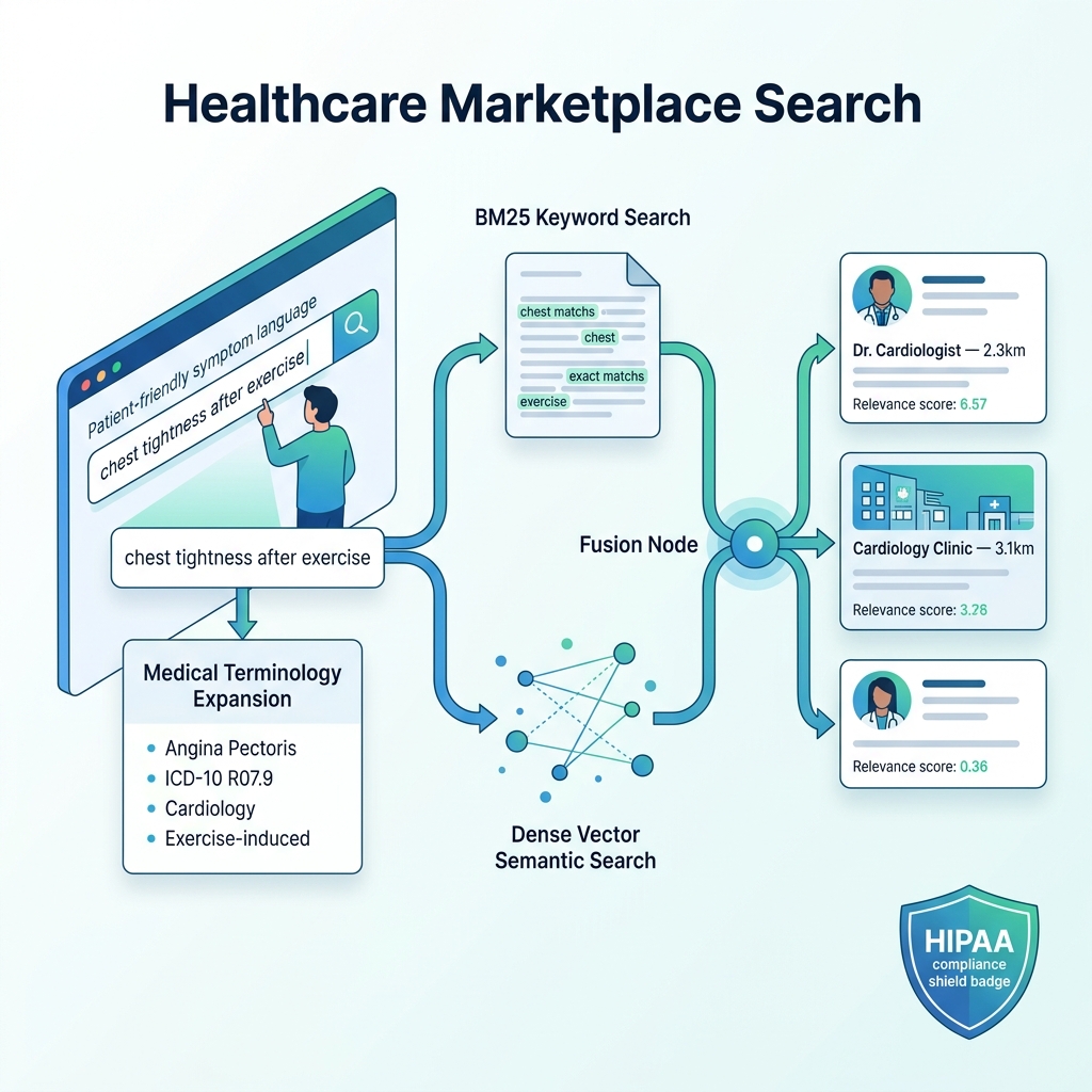 Healthcare search showing patient symptom query expanding through medical terminology layer into dual BM25 and vector search streams returning specialist results