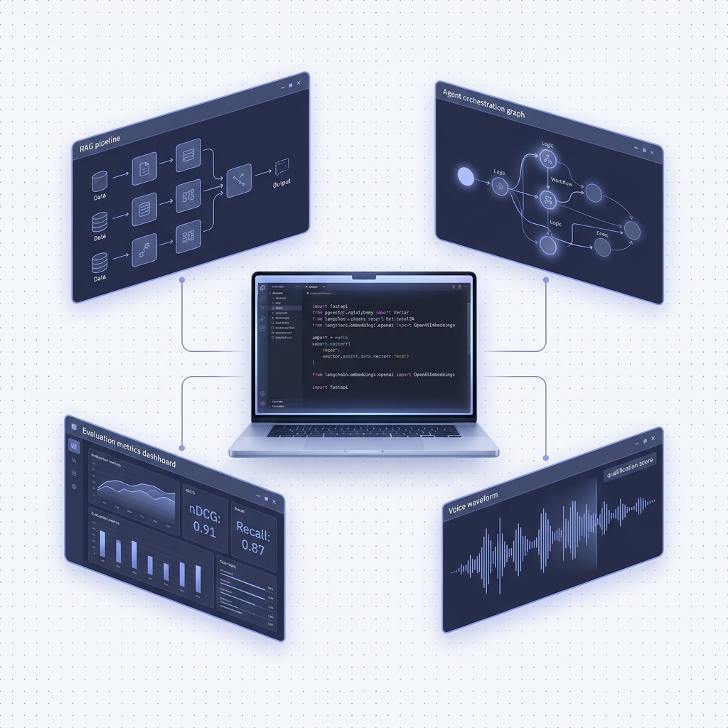 AI engineering workspace showing RAG pipeline, agent graph, and evaluation metrics