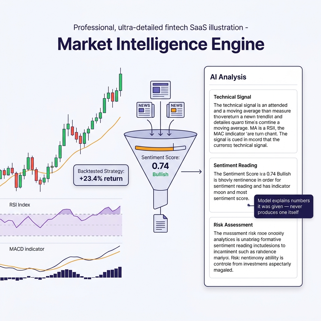 Market intelligence engine showing candlestick chart with technical indicators and AI analysis panel with sentiment score
