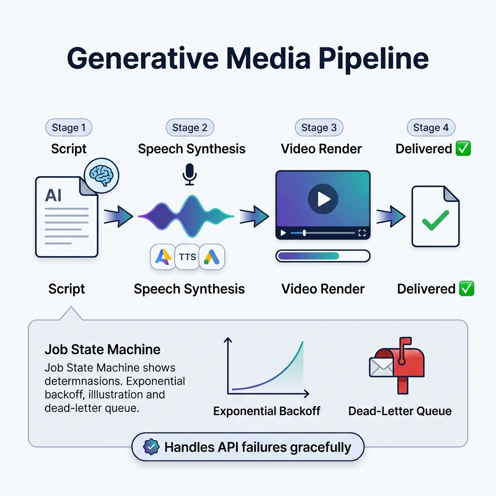 Generative media pipeline showing 4 stages: script generation, speech synthesis with waveform, video rendering, and delivery with job state machine and dead-letter queue