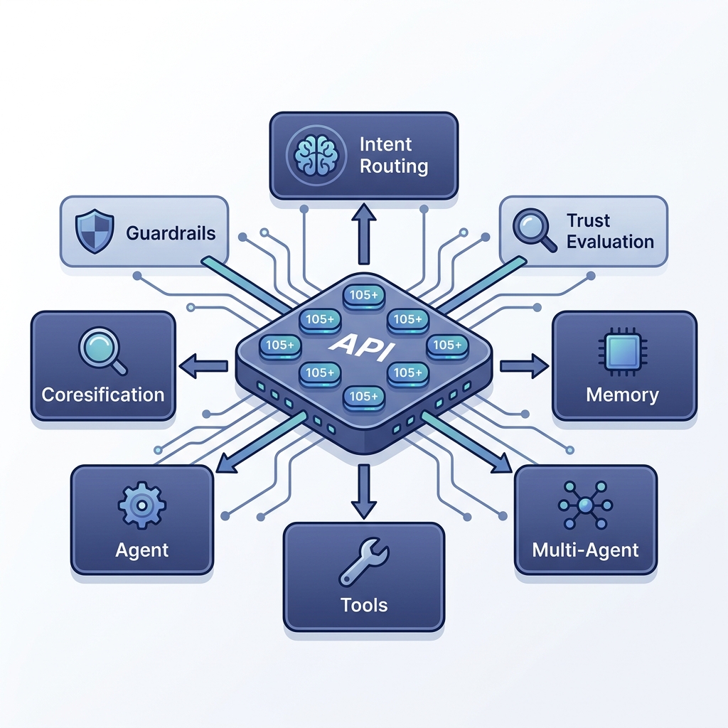 Nova ADK multi-agent orchestration platform hub and spoke diagram showing 6 agent nodes connected to central API hub with guardrails, trust evaluation and memory