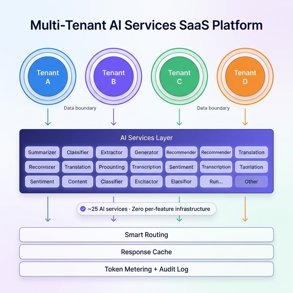 Multi-tenant AI services platform showing 4 isolated tenant bubbles above shared AI services grid with routing, cache and metering layers