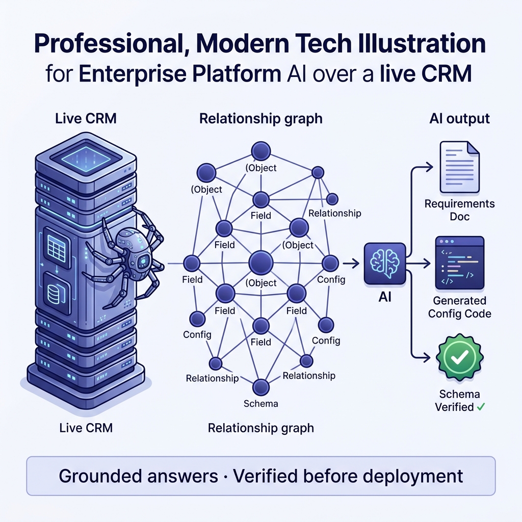 Enterprise platform AI showing CRM database crawler building a relationship graph with schema-verified artefact generation