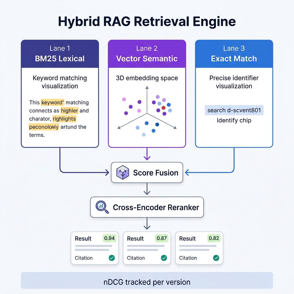 Hybrid retrieval engine three parallel search lanes (BM25, Vector, Exact) converging through score fusion and cross-encoder reranking into ranked results