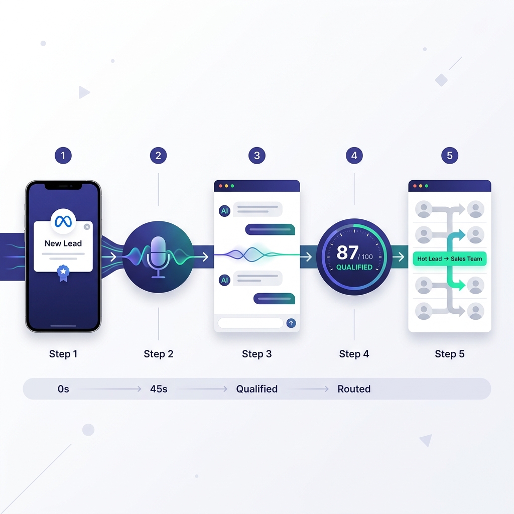 VectorLead voice AI pipeline from Meta lead notification through waveform qualification to CRM routing with 87/100 score
